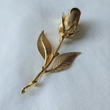 Vintage 1960s 3D Long Stem Rose Brooch Gold Tone Florentine Retro Floral Pin 3