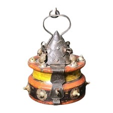 19th C Antique Indian Temple Hanging Oil Lamp Hand Painted Wood & Brass picture
