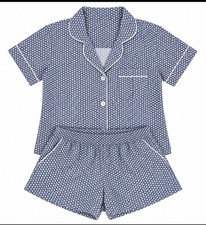 Serena & Lily Blue/White Geometric Pajama Set Short Sleeve Collared Button L picture