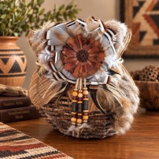 Vintage Southwestern Style Folk Art Basket Twig Bark Fur Feather Pine Cone picture
