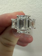 5.50 Ct Emerald Cut VS1 Lab Grown Diamond Three Stone Bridal Ring 14k White Gold picture