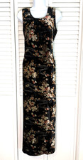 Vtg 90s Velvet Maxi Sheath Dress M Black Asian Inspired Floral Print Column Gown picture