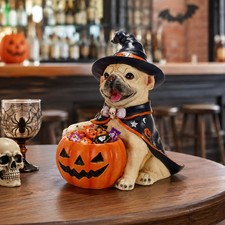 Halloween French Bulldog Witch Puppy Figurine, Pumpkin Candy Bowl Tabletop Decor picture