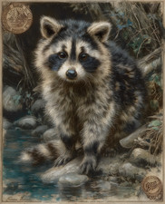 Young Raccoon Sitting on Rocks Beside Forest Stream Print - 619776685 picture