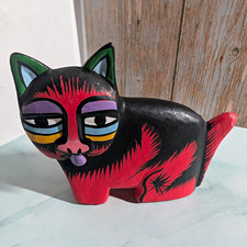 Vintage Folk Art Wooden Cat Figurine Hand Painted Red Black Cat Lover Gift Boho picture