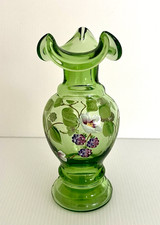 Vtg Fenton Green Ruffled Art Glass Vase Hand Painted Signed S. Waters NICE picture