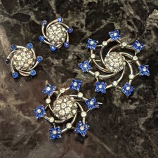Vintage PENNINO STERLING Silver Blue + Crystal Flower 2 Brooches & Earrings Set picture