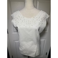 Vintage Morelle Off White Lace Yoke Sleeveless Button Back Linen Cotton Blouse picture