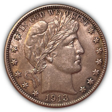 1913-S Barber Half Dollar Almost Uncirculated AU+ Coin, Scuff on Cheek #22230 picture