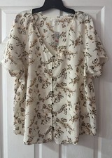 Maurices 1X Floral Blouse Cream Brown Button Front V Neck Flutter Sleeve Boho picture