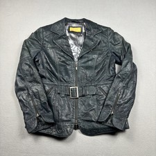 Crisca Navy Blue Genuine Lamb Leather Belted Moto Jacket Contrast Stitching picture