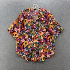 VTG 90s Silk House Shirt Women Medium Colorful Geo Print Silk Art Relaxed Blouse picture