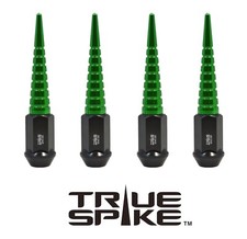 16PC TRUE SPIKE 112MM 12X1.5 STEEL LUG NUTS W/ GREEN EXTENDED SPIRAL SPIKES C picture