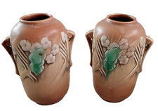 VINTAGE ROSEVILLE POTTERY BROWN CLEMANA VASES#749-6  DOUBLE HANDLE ART DECO PAIR picture