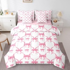 Feelyou 7 Pieces Pink Bow Comforter Set Full Size For Kids Girls Teen Women picture