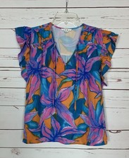 THML Anthropologie Women's M Medium Blue Floral Short Sleeve Ruffle Top Blouse picture
