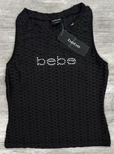 Bebe Ribbed Rhinestone Bling Logo Tank Top Stretchy Jet Black Size Medium NEW picture