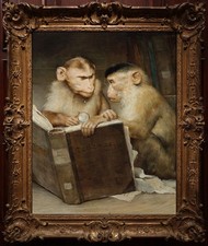 Hand Painted Oil Painting Two Monkeys Reading Antique Book Classical Animal Art picture