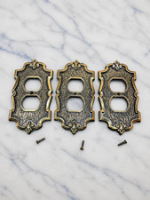 3 VTG Ornate Victorian/Colonial Revival Fleur-de-Lis Duplex Outlet Plate Brass picture