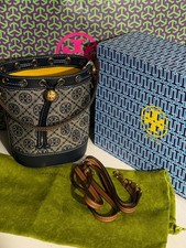 Tory Burch T Monogram Mini Bucket Bag Jacquard Navy Handbag Crossbody with Box & picture