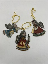 Vtg 3 German Christmas Tree Ornament Flat Pewter Angel Playing Horn Kuhn Zinn picture