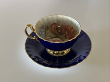Vintage Aynsley Signed J A Bailey Cobalt Blue Cabbage Rose Teacup & Saucer picture