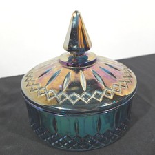 Vintage Indiana Glass Princess Blue Carnival Glass Candy Dish Lidded Iridescent picture