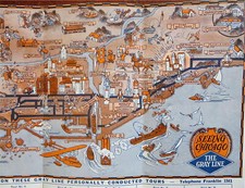 Chicago cartoon map c.1940's Marshall Field Bus Gray Line tourist promo brochure picture
