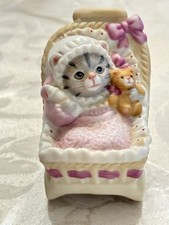 Vintage 1987 SCHMID Kitty Cucumber Shackman Cat in Bassinet Teddy Bear Figurine picture