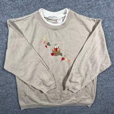 Basic Editions Sweatshirt Womens Size M Tan Double Collar Embroidered Harvest picture