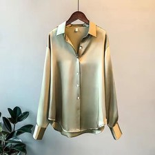 Women’s Satin Silk Button Up Shirt Vintage Long Sleeve Loose White Blouse picture