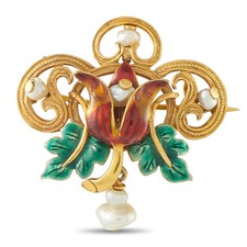 Antique 18K Yellow Gold Pearl and Enamel Brooch picture