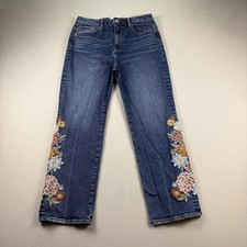 Driftwood Jeans Womens 29x27 Blue Denim Stella Straight Leg Floral Embroidered picture