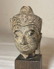 rare antique 14th century handmade bronze Thailand Buddha head statue fragment picture