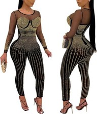 PORRCEY Women Sexy Elegant Rhinestone Mesh See Through Bodycon Jumpsuit Party XL picture