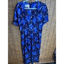 Betsy Lauren Vintage Blue Floral Batik Maxi Dress Rayon Short Sleeve 90s 16 picture