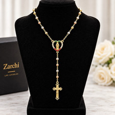 Rosary Necklace 14K Gold Plated 3 color Beaded Guadalupe & Jesus Cross picture