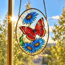 Vintage 1978 Glasmarbles Stained Glass Suncatcher Butterfly Blue Daisy 6