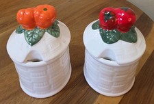 2 Small Vintage Strawberry & Orange Marmalade Jqm Jars With Cute Lids picture