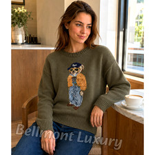 POLO RALPH LAUREN Women's Olive Green Polo Bear Knit Sweater Size M picture