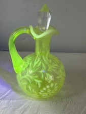 Vintage Fenton Vaseline Daisy & Fern Cruet Uranium Art Glass Pitcher picture