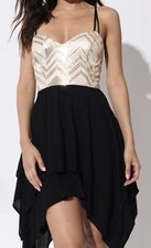 NEW TOBI Womens S Sequin Bodice Handkerchief Hem Mini Dress Gold Black Dance picture