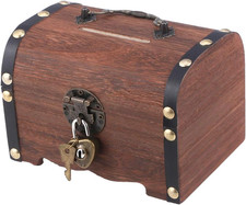 Vintage Wooden Treasure Chest Piggy Bank Rustic Decorative Coin Money Box picture