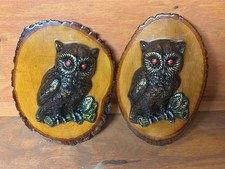 VTG Owl Wall Plaques Red Eyes On Wood Slices Rustic Mid-Century Decor Set Of 2 picture