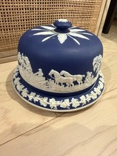 Antique Adams Tunstall England Cobalt Blue Jasperware Cheese Dome Keeper Dish picture