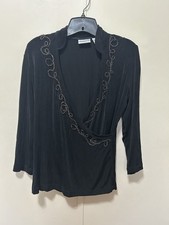 Chico's Women’s Blouse Black w/ metallic V-neck Slinky 3/4 Sleeve Size 1 Medium picture