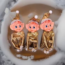Lot of 3 Vintage Japan Knee Hugger Pixie Elf Ornaments Mid Century Gold Lame  picture