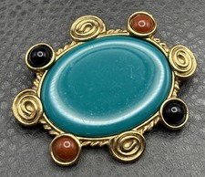 Vintage 1928 Gold Tone Faux Turquoise Cabochon Etruscan Revival Style Brooch Pin picture