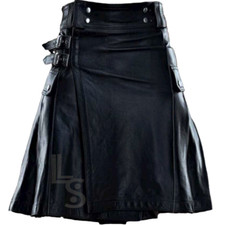 Scottish Handmade LARP Warrior Utility REAL Black Cow Leather Kilt, For Men picture