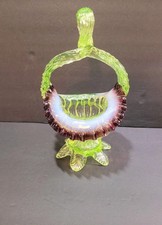 Antique Victorian Uranium Glass Green &Purple Opalescent Basket  picture